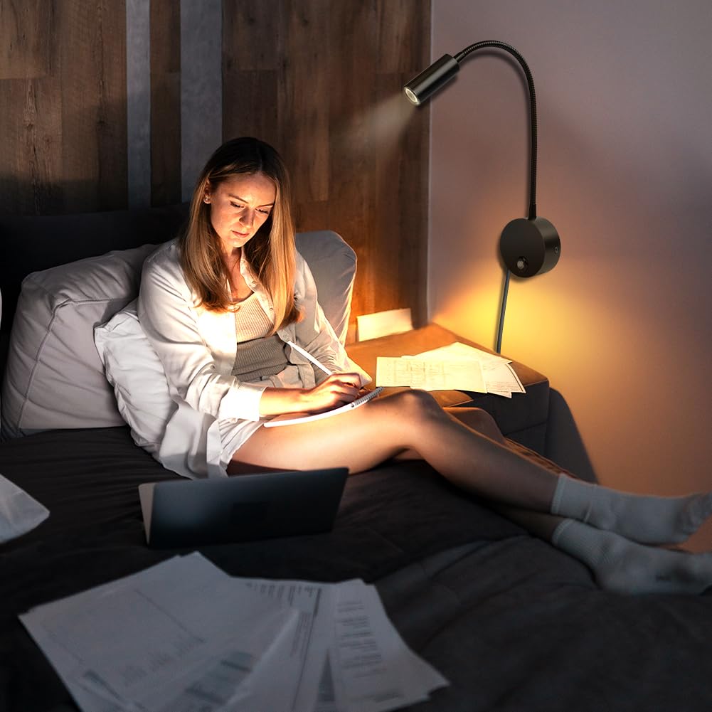 HOTUT Lampe de lecture murale, LED Col de Cygne Lumière avec interrupteur tactile et port de chargement USB,Liseuse murale, lampe de lecture à intensité variable, Applique Liseuse Orientable à 360 °