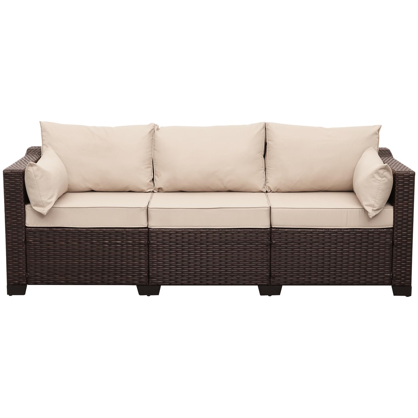 WAROOM Patio PE Wicker Couch - 3-Seat Outdoor Rattan Sofa Furniture with Thick Cushion Beige