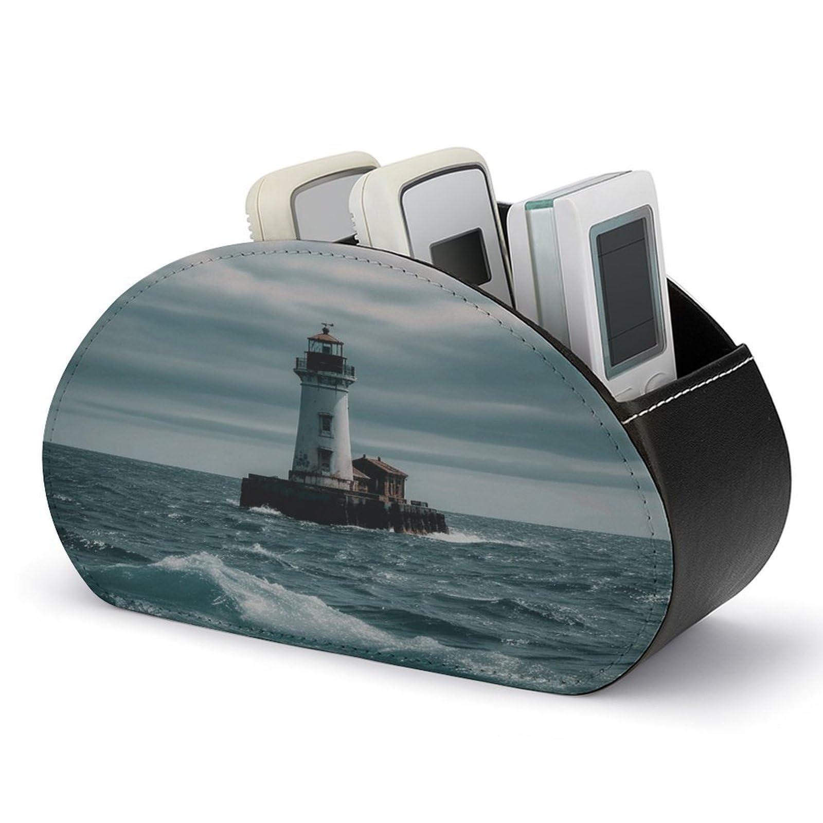 VstaDank Lighthouse Ocean Remote Control Holder with 5 Compartments Pu Leather TV Remote Caddy Storage Box Desktop Organizer Store Controller DVD Brush Pens Glasses&Office Supplies