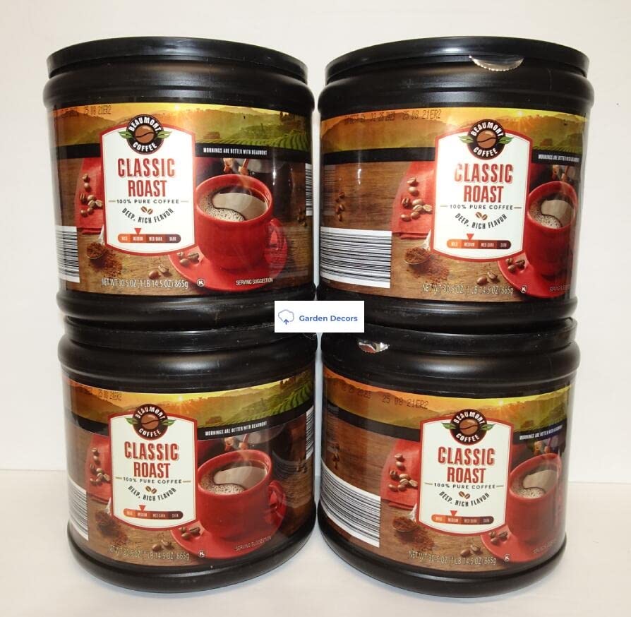 Ground Beaumont Coffee Classic Medium Roast 100% Pure Coffee Deep Rich Flavor 30.5oz 865g (Four Tubs)
