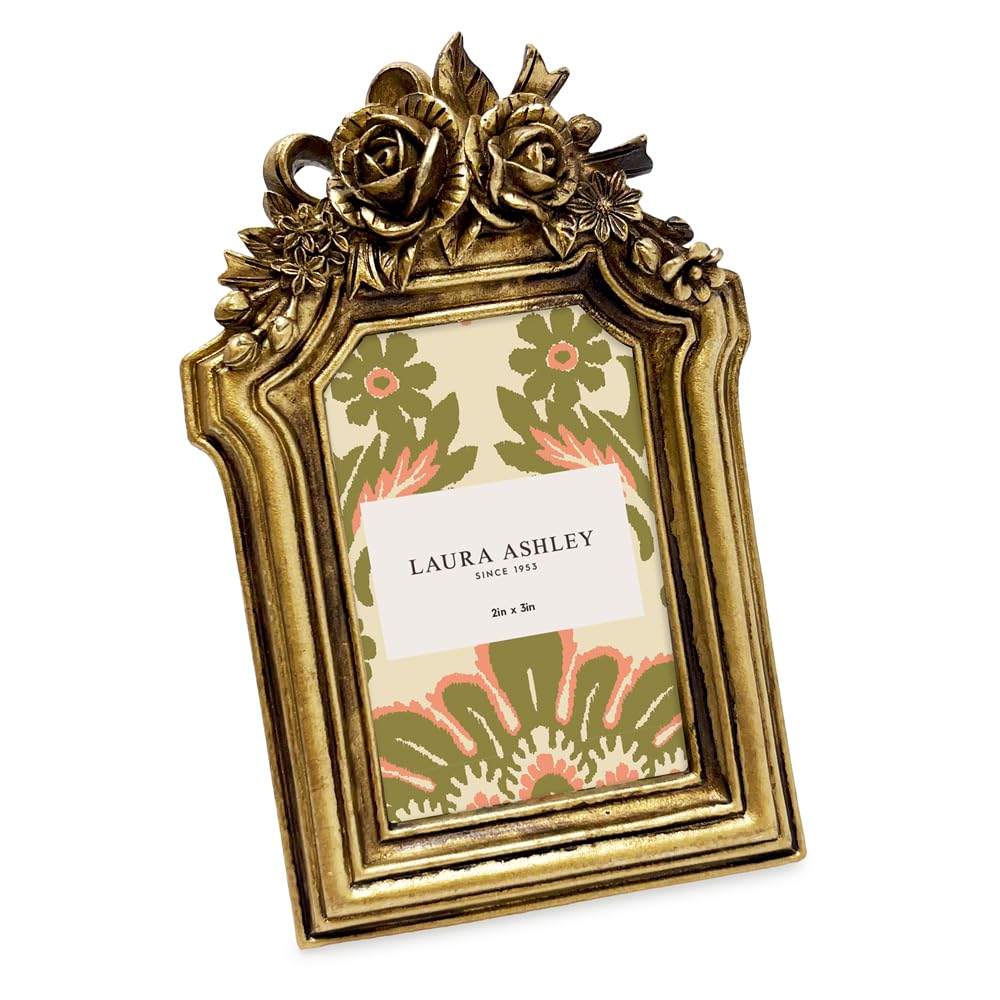 Laura Ashley 2x3 Antique Gold Rosette Crown Picture Frame With Easel & Hook, Tabletop & Wall Display, Decorative Floral Design Home Décor, Art, Photo Gallery (2x3, Antique Gold