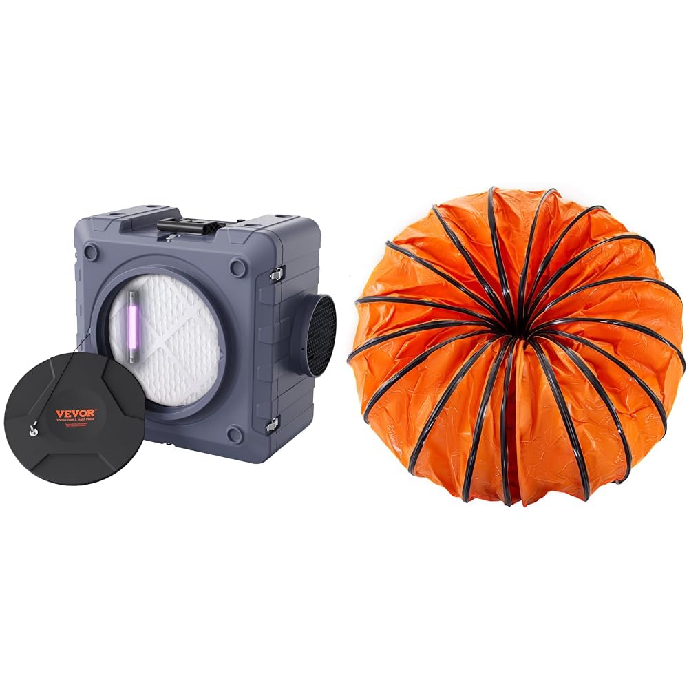 VEVOR Air Scrubber with 3-Stage Filtration, Stackable Negative Air Machine 800 CFM & Mophorn 25ft PVC Flexible Ducting, 8 Inch Hose, Orange