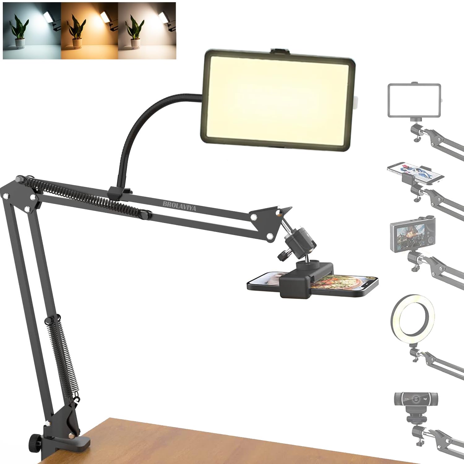 BROLAVIYA Overhead Video Mobile Stand with Video led Light 2700 to 5500k, Metal Arm, 1/4" Ball Head for Camera, Gopro with Mobile Bracket and Flexible Clip Arm for Desk, Office, Kitchen