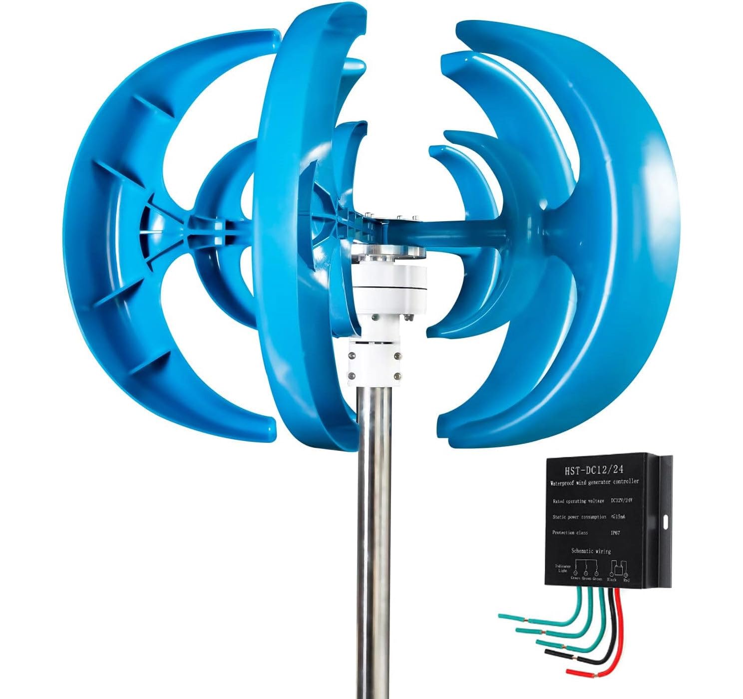 Micro Turbine Eoliche Verticali 12V 24V Generatore Eolico a Magnete Permanente Trifase Generatore Eolico Modello Di Turbina Eolica Ad Asse Verticale, Kit Generatore Eolico Portatile Fai Da ,Blue-24V
