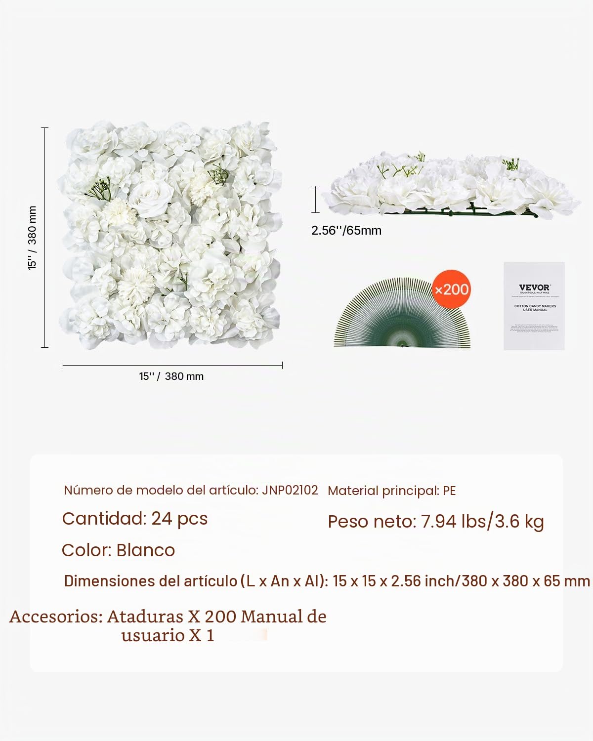 VEVOR Panel 3D de Flores Artificial para Pared 24 Piezas 38 x 38 cm Fondo de Pared con Flores Artificiales sin Costuras Instalación Fácil para Bodas, Hogar, Jardín, Fiestas, Decoración, Blanco