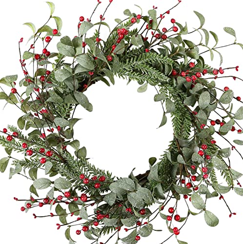 YNYLCHMX 18 Inch Christmas Wreath for Front Door, Winter Wreath with Eucalyptus Leaves Red Berry Pine Needle, Artificial Door Xmas Wreaths for Indoor Outdoor Window Farmhouse Decoration