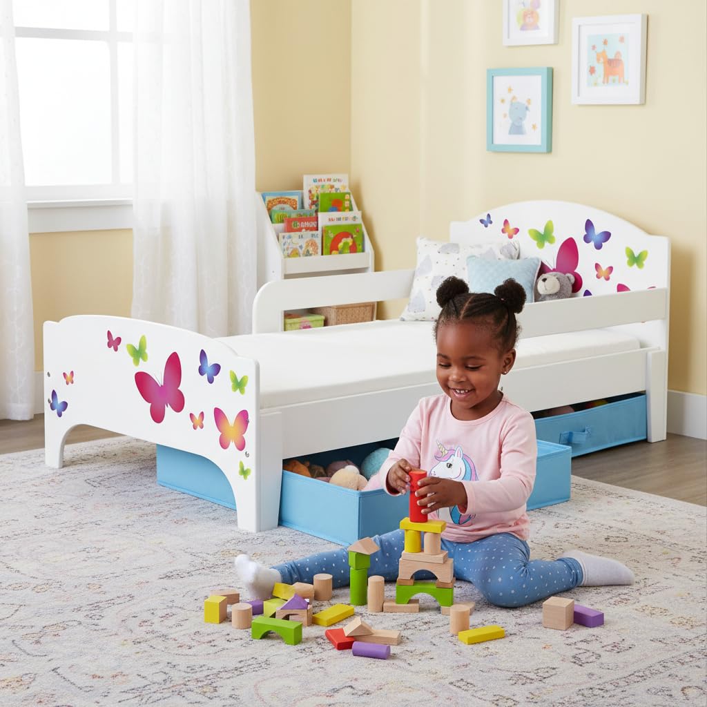 leomark Smart Cama Infantil de Madera - Mariposa - Marco de Cama, Colchón y Cajón, robustro Cómodo Dormitorio Impresa, Muebles para Niños, Espacio para Dormir: 140/70 cm
