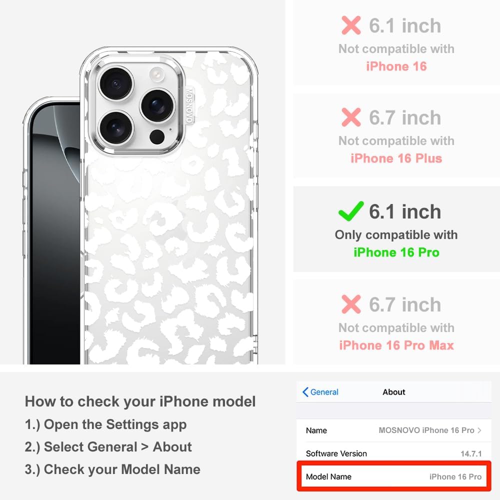 MOSNOVO Case for iPhone 16 Pro, [Buffertech 6.6ft Military-Grade Drop Protection] [Anti Peel Off Tech] Clear TPU Bumper Phone Case Cover Design - White Leopard Print - Image 2
