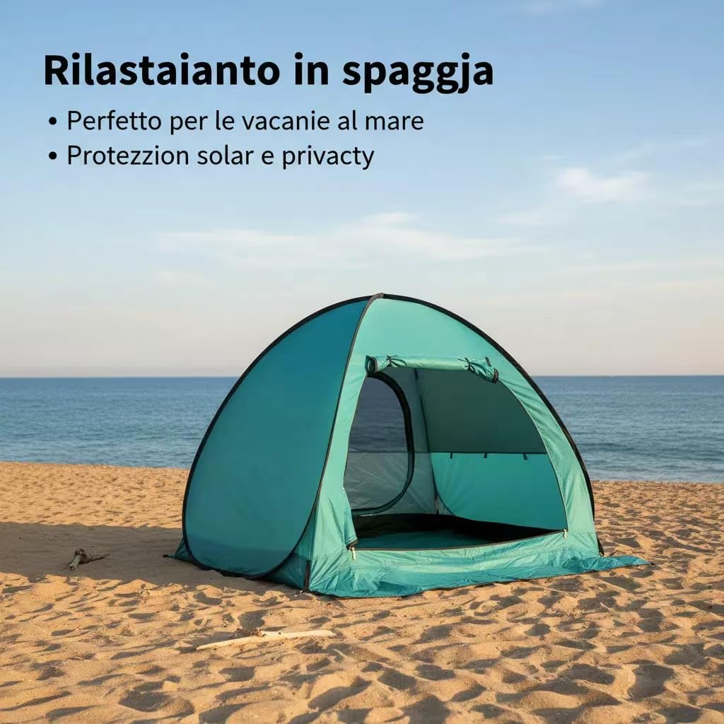 Tenda Da Campeggio per 2-3 Persone, Tenda Da Sole Spiaggia Portatile, Apertura Rapida, Leggero, Parasole, Impermeabile, Accessori Campeggio per Escursionismo, Viaggi, Attività All'aperto