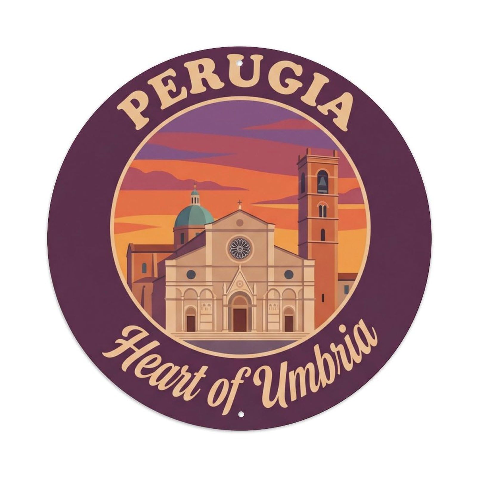 Perugia Cathedral Heritage Adventure Destination Scenic Metal Tin Sign Plaque Wall Decor for Cafe, Man Cave, Club Bar, Office, Home Garden Round Metal Poster 8x8Inch