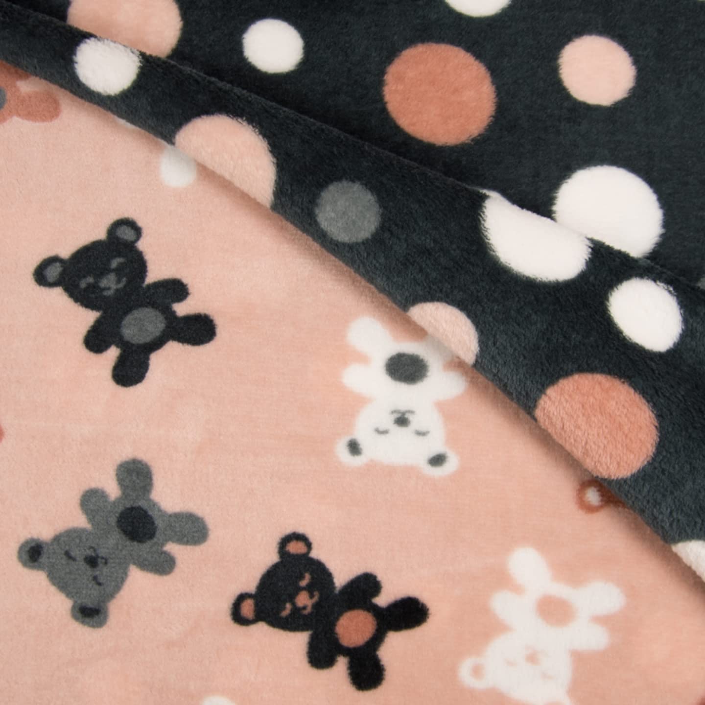 Reversible Super Soft Cuddle Fleece Fabric Material - Teddies & DOTS Pink, 5Mtr - 500cmx150cm