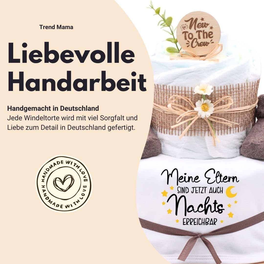 Trend Mama® | Windeltorte | Nature Design | Spruch wählbar| 27 Windeln (Größe 2) 1x Baby Lätzchen, Kuschelsocken |Geschenk Geburt (Design| Meine Eltern sind jetzt auch Nachts erreichbar)