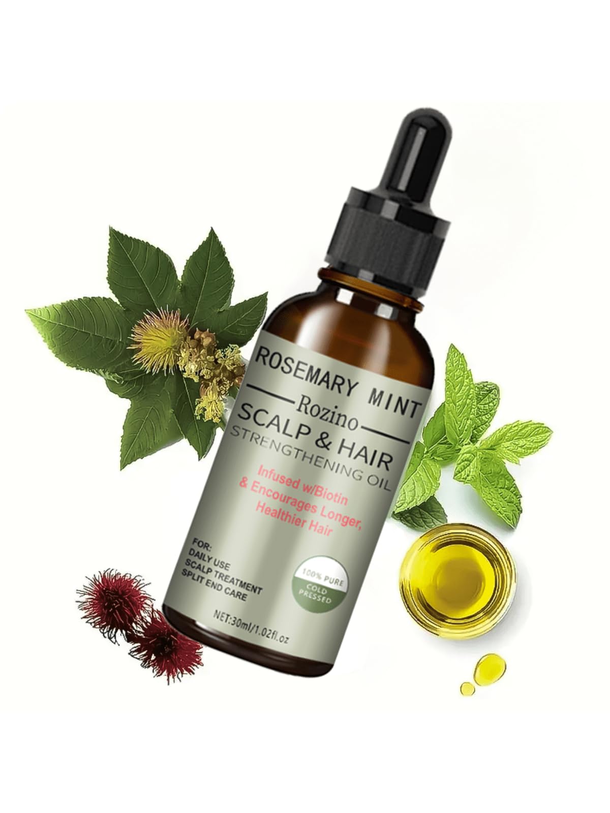 Rosemary Mint Scalp & Hair Strengthening Essential Organic Oil (30ml) infused with Biotin, nourishes Longer & Healthier Hair for Hair growth, Daily use, Scalpcare, Split end care