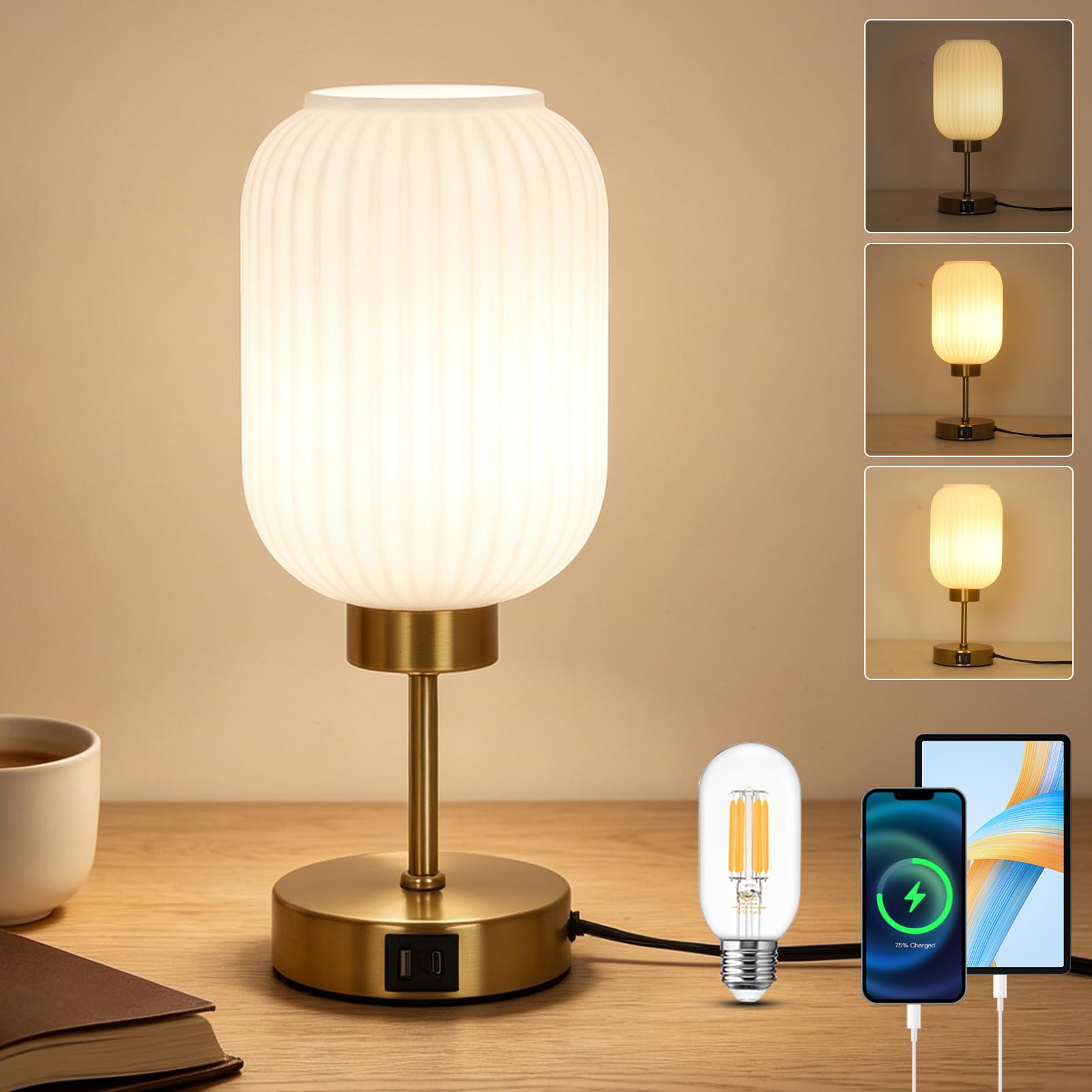 LAMSU Vintage Gold Table Lamp with Cream Glass Shade, Small Beside Lamp with Bulb, USB Ports, 3 Way Dimmable Nightstand Lamp, Mid Century Modern Desk Lamp for Bedroom Living Room, Home Decor
