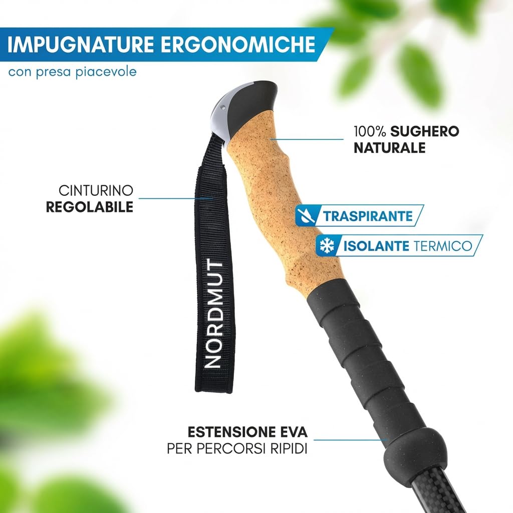 NORDMUT® Bastoncini da Trekking Telescopici | Bastoncini Nordic Walking Donna & Uomo | Trekking Ultralight [con Set Gommini] Regolabili con Impugnatura in Sughero Naturale (Carbone)