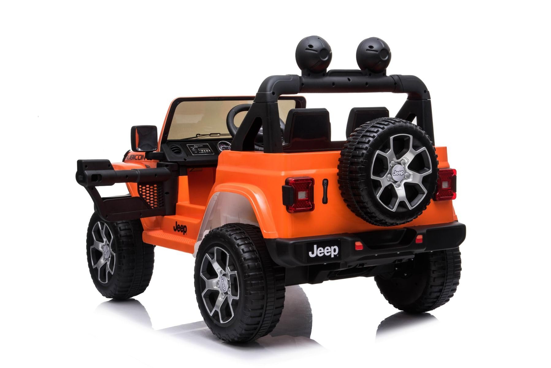 Samochód elektryczny 4 x 4 J.E.E.P. Wrangler, pomarańczowe, radio z wejściem Bluetooth i USB, akumulator litowy, koła EVA, osie zawieszenia, pilot zdalnego sterowania 2,4 GHz, licencjonowany