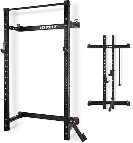 RitFit Estante plegable multifuncional para gimnasio en casa, estante de sentadillas montado en la pared de 2.36 x 2.36 pulgadas con accesorios,