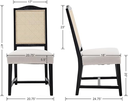 Miniatura 9 de EALSON Juego de 2 sillas de comedor de ratán tapizadas de lino con respaldo de bastón, sillas de cocina modernas de mediados de siglo, sillas Lino