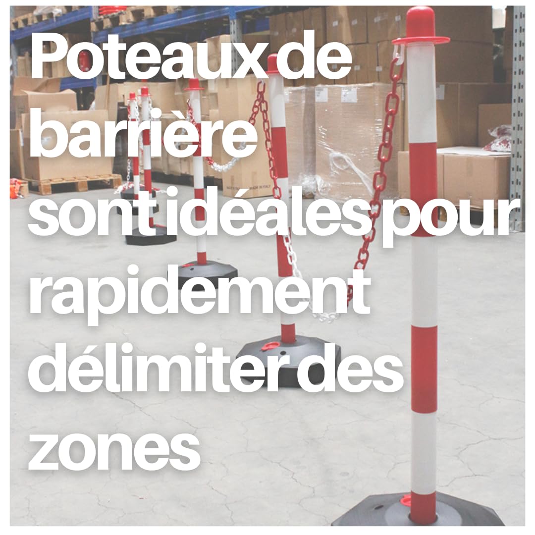 Poteaux de clôture rouge-blanc - Lot de 6 poteaux avec chaîne de 22 m - Poteaux de chaîne en plastique et ruban de balisage