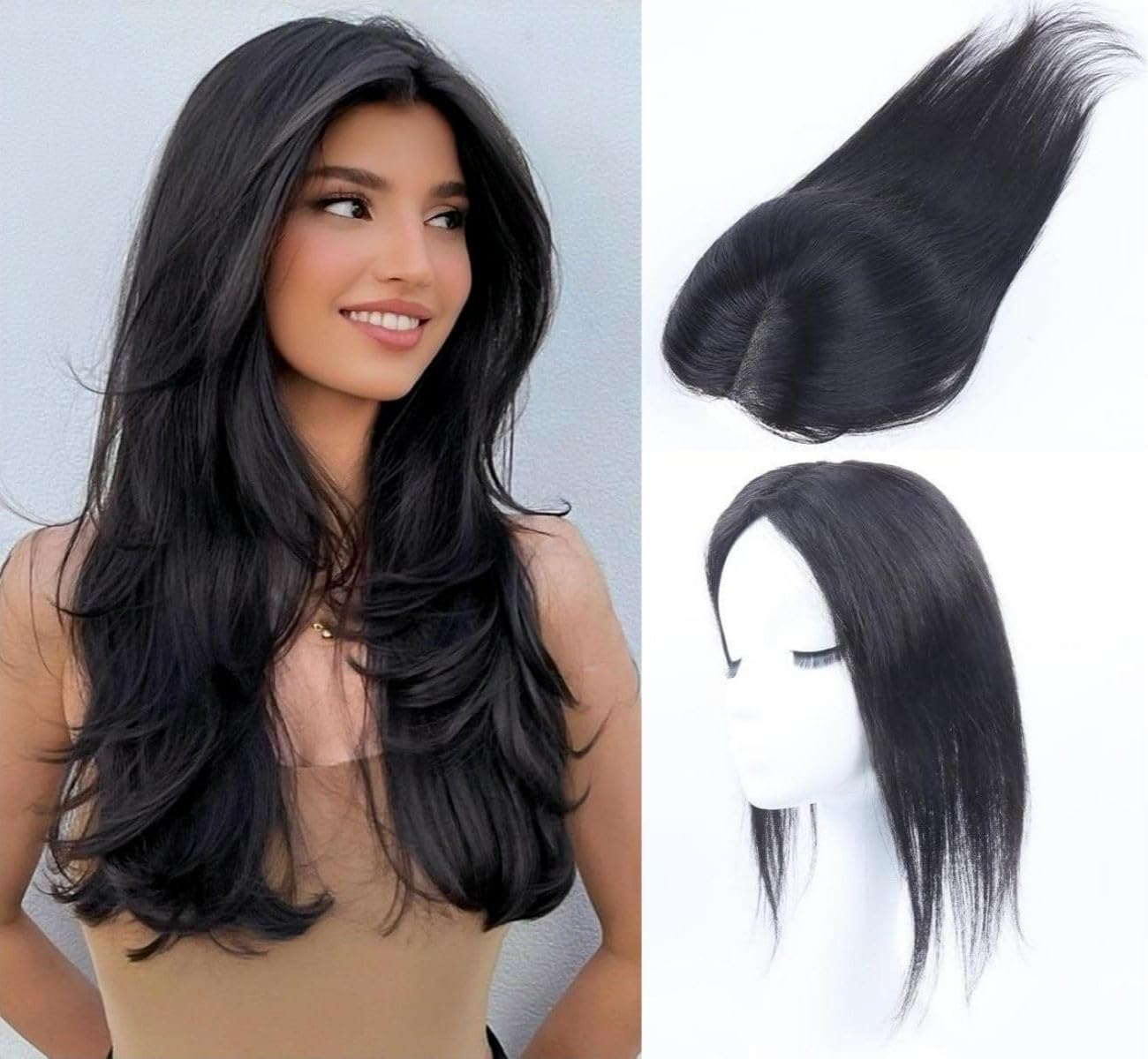 Haar Toppers für Frauen Echthaar Natürliche Schwarze Clip in Haarteile Echthaar für Dünnes Haar Oberkopf Flauschiger Hair Topper Ohne Pony