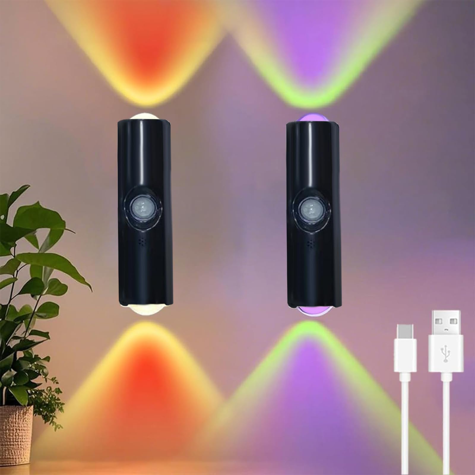 2PCS Magnetic Smart Motion Sensor RGB Mood Light, LED Cabinet Lights Motion Sensor Ambient Light with Colorful Gradient, RGB Gradient Rechargeable Wall Sconces for Bedroom, Hallway, Party (Black)