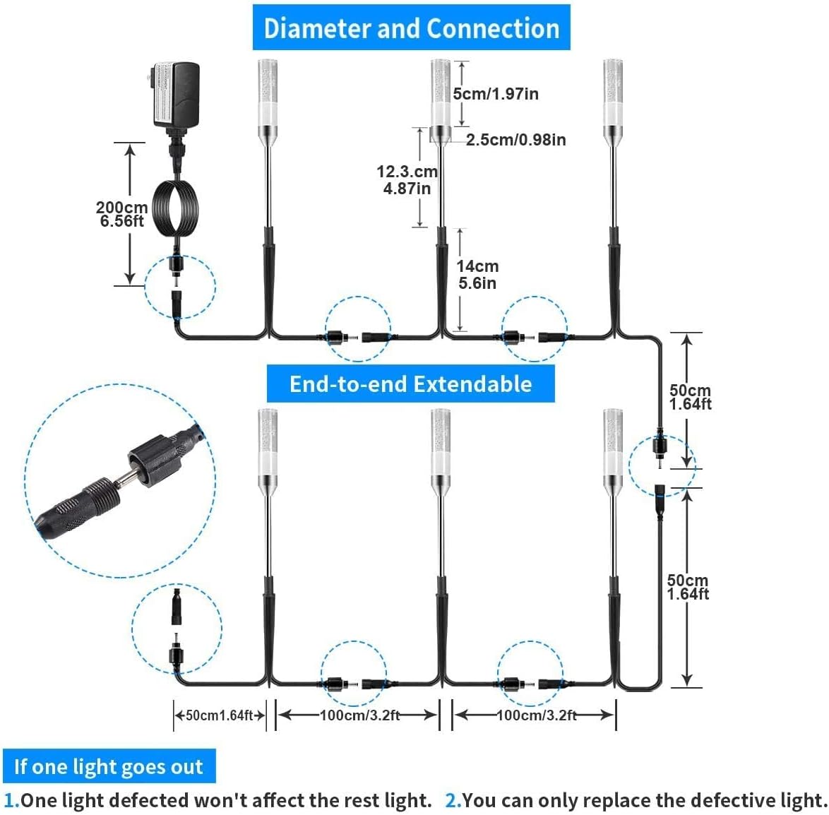 6 Pcs Low Voltage Pathway Lights + 3PCS Extension Lights(No Adapter) + 2 X 6.5ft Extension Cable