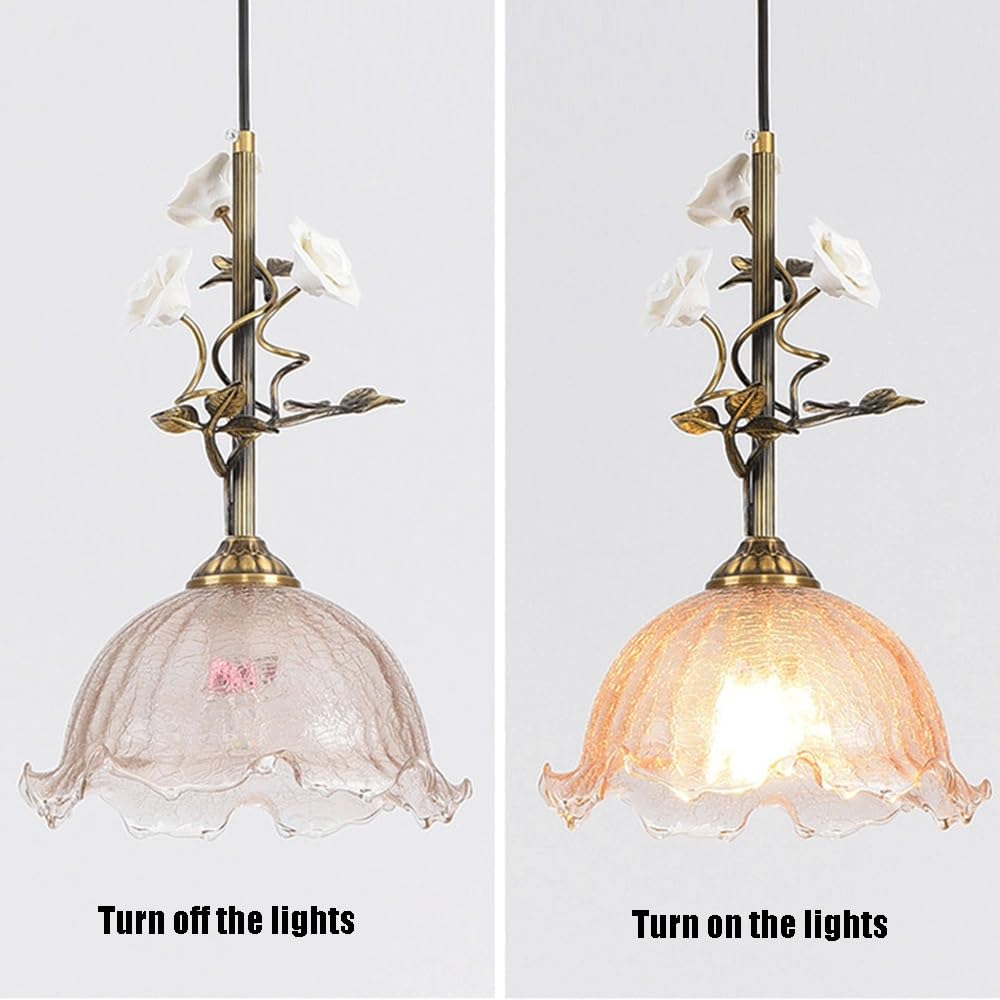 Lampada a Sospensifloreale Vintage con Rose in Ceramica Rosa, Paralume in Vetro Craquelé, Ottone, Stile Country Francese Shabby Chic,Da da Soffitto con Attacco E26 per Comodino, Sala da Pranzo, Bar