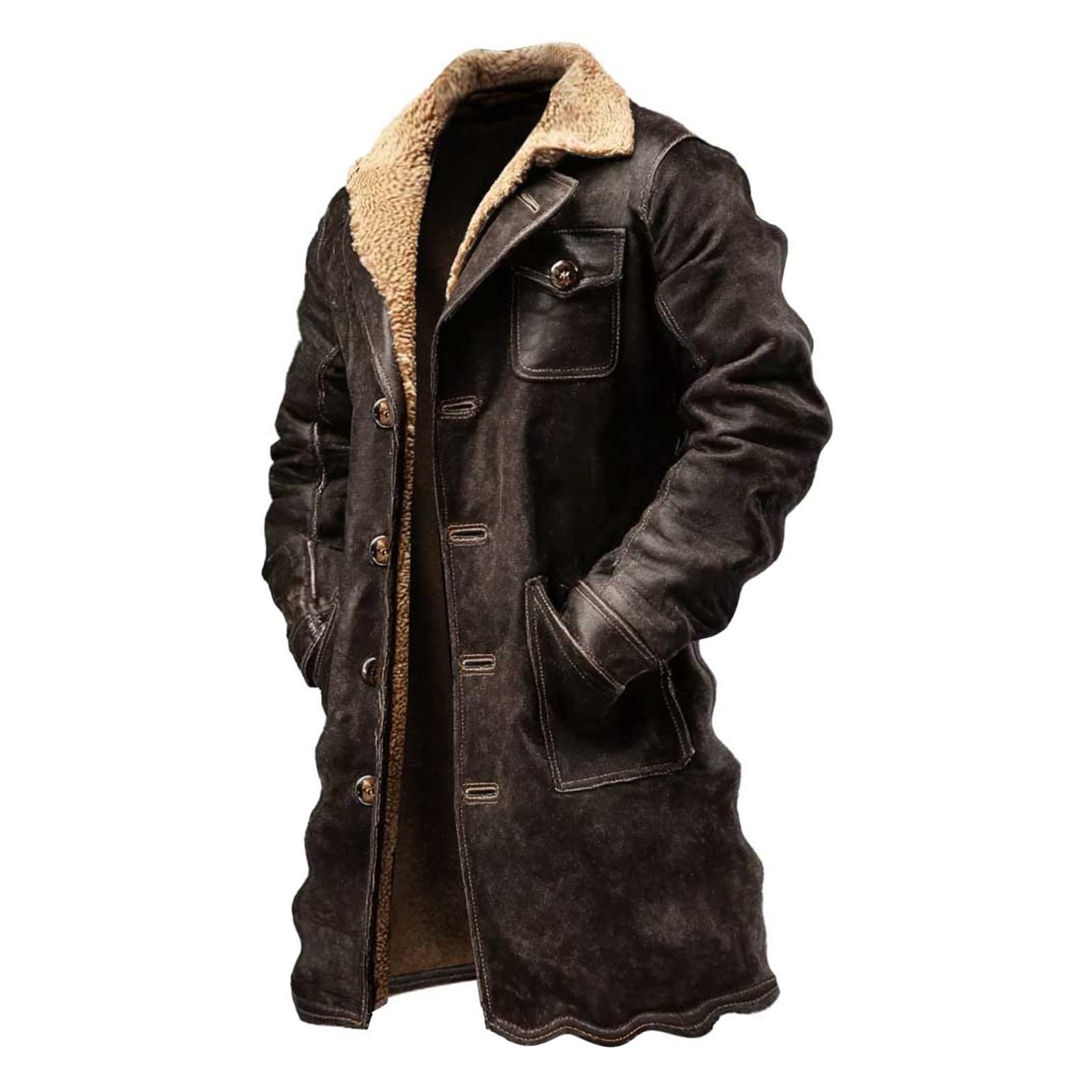 Ledermantel Herren Winter Stilvoll Fell Wintermantel Herren Lang Mantel Gefüttert Vintage Kunstleder Winterjacke Elegant Warm Trenchcoat Leder Fleece Lederjacke mit Fellkragen