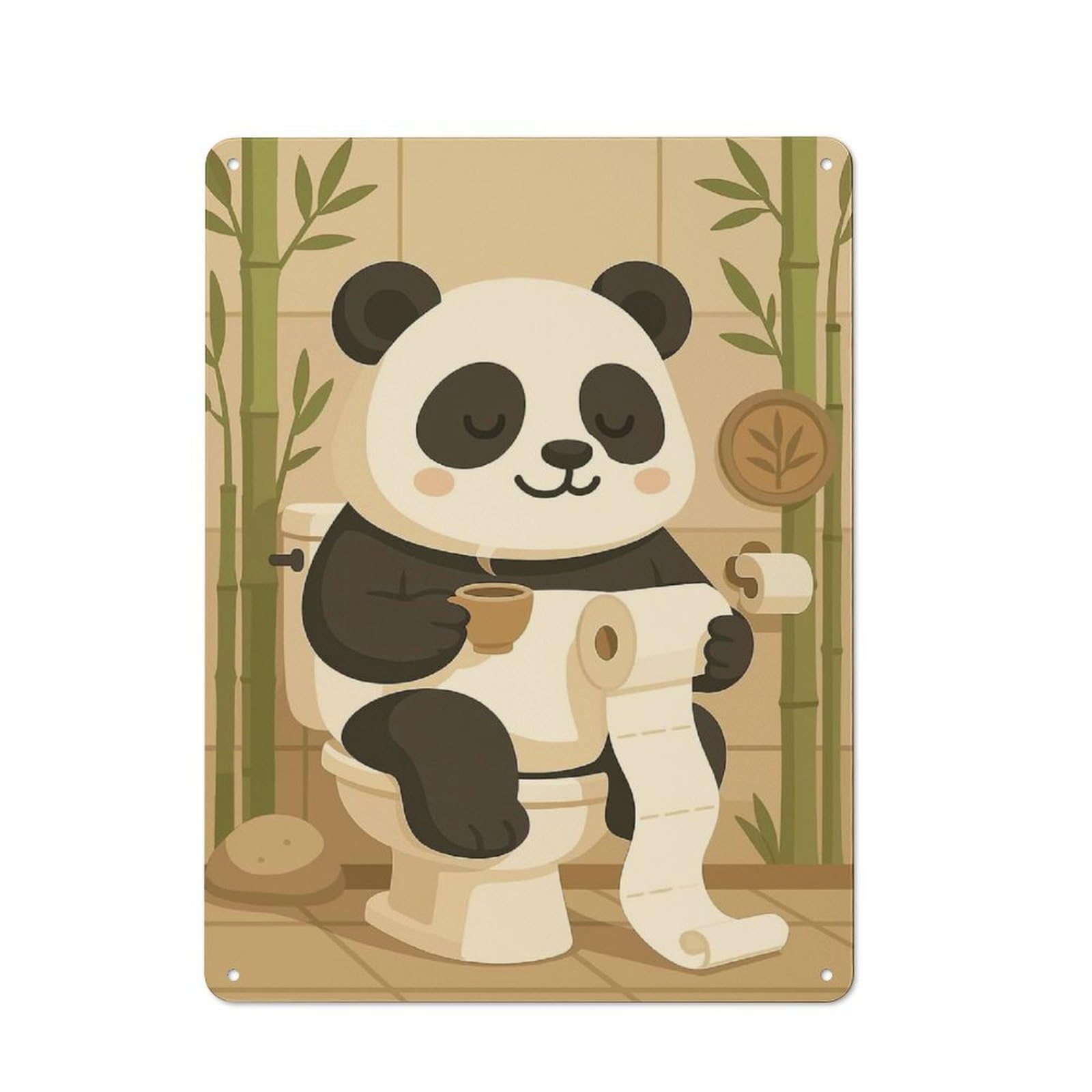 Panda on Toilet with Coffee Farmhouse Metal Sign 40x30cm, Rustic Cottage Wall Art for Cottage, Kitchen, Hallway Or Breakfast Nook