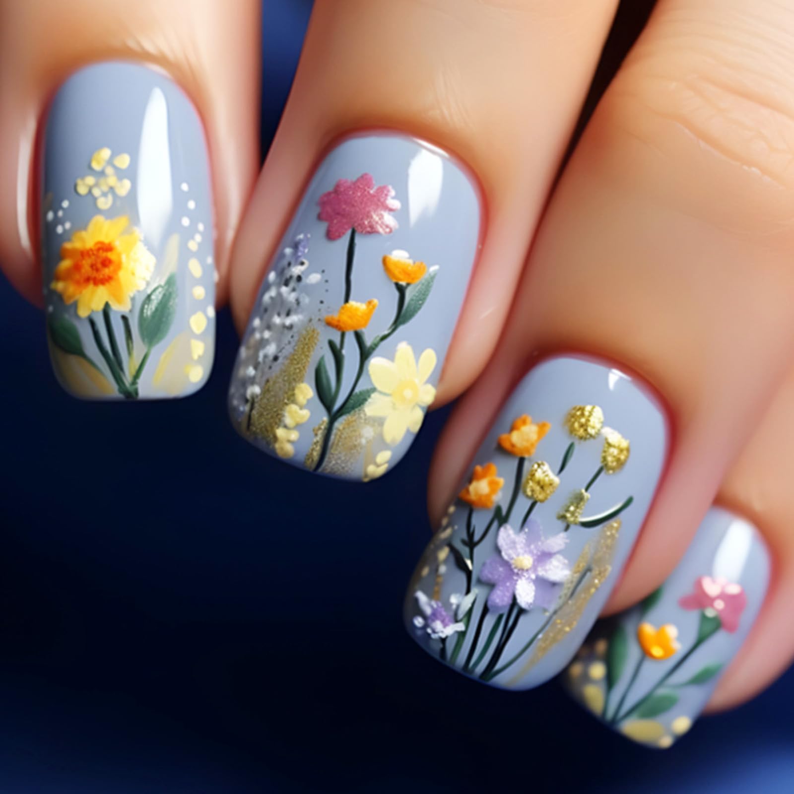 Blue Press on Nails Short Square Fake Nails Small Wild Flowers Design Glue on Nails Spring Nails Press ons Full Cover Glossy Stick on Nails Cute