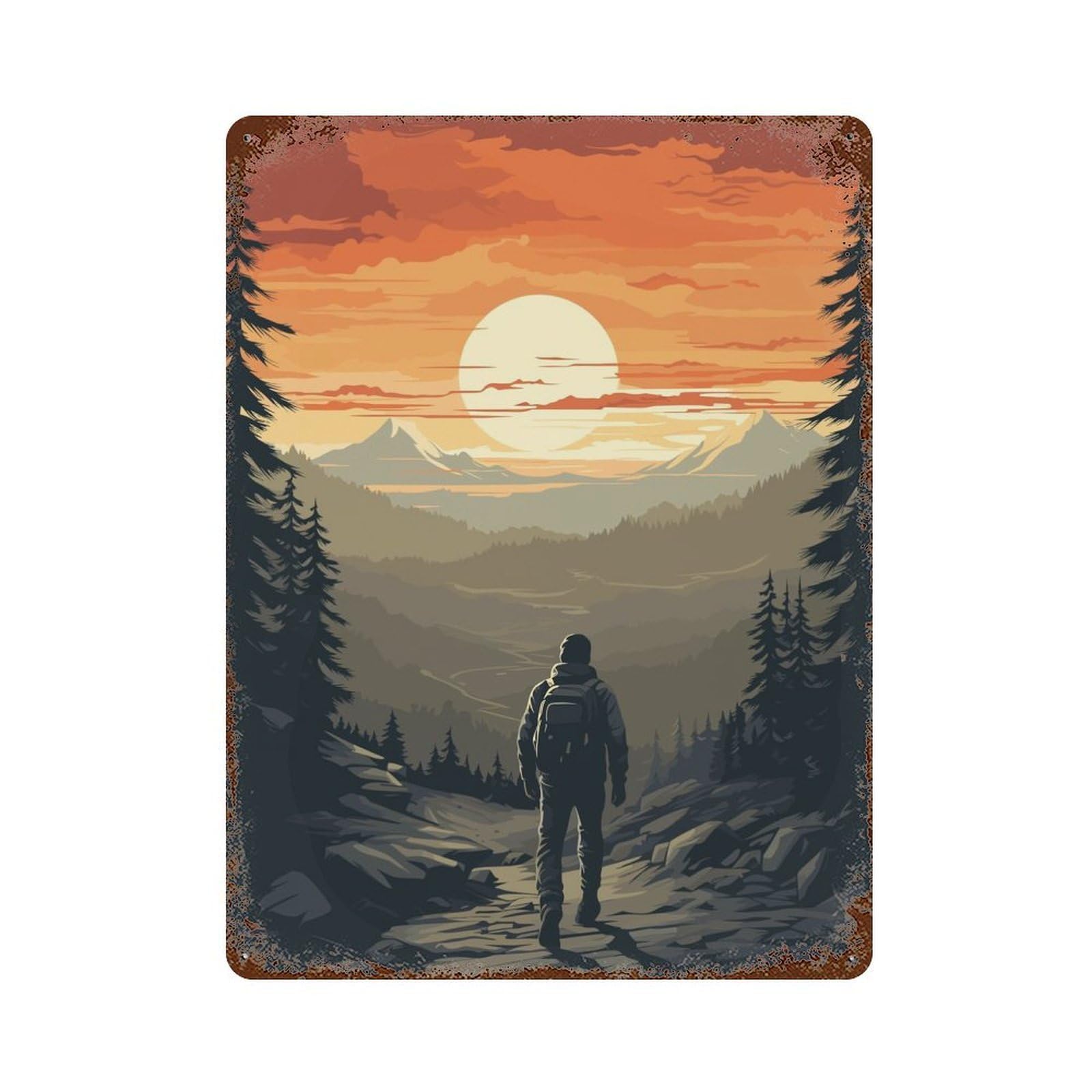 Rust Effect Hiking Mountain Vintage Rust Metal Sign 15.7"x11.8", Classic Wall Plaque for Shed, Workshop And Garage Wall Decor