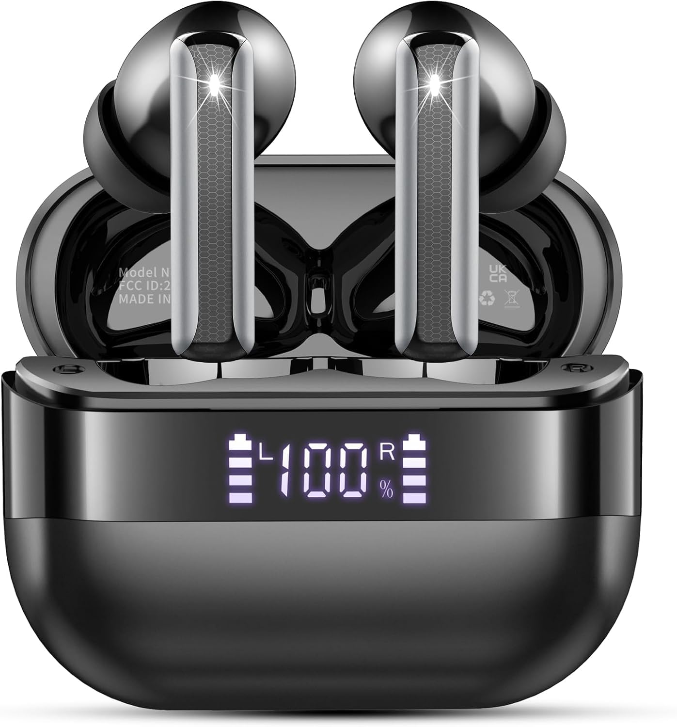 Wireless Earbuds, 2025 Bluetooth 5.4 Headphones Bass Stereo, Ear Buds with 4 Mics ENC Noise Cancelling, Bluetooth Earbuds 48H Playtime LED Display Charging Case, IP7 Waterproof in Ear Earphones Black