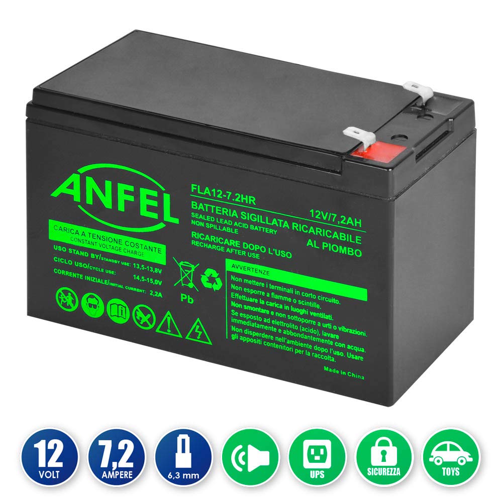 Batteria Ermetica al Piombo 7Ah 7,2 AH HR Alta RESA, per ups, Video Sorveglianza e Sistemi di Allarme. 12 V, Attacco Faston 6.3 mm, Versione HR 2,3 kg