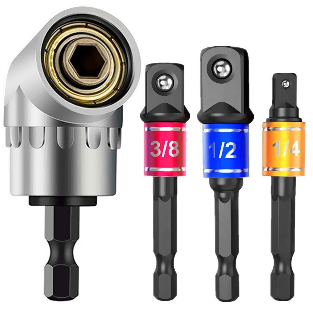 Impact Hand Driver Sockets Adapter Set, 3Pcs Hex Drill Nut Driver Bit Set + 105 Degree Driver Screwdriver Drill Attachment