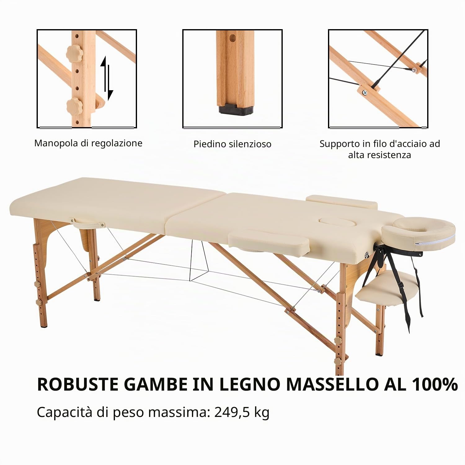 YOUNIKE Lettino Massaggio Portatile Pieghevole a 2 Zone in Legno Faggio 186x60 cm per Fisioterapia Portata 250 kg Altezza Regolabile Poggiatesta e Braccioli Rimovibili con Sacchetto per Polvere Beige