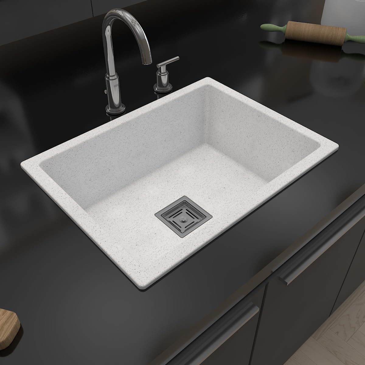 Hardstone Quartz Kitchen Sink (18 x 16 x 8.5 In, 10mm Thickness) – Granite Finish Single Bowl Sink with Waste Coupling & PVC Pipe – Smooth Finish, Non-Fading, UV Protection, Scratch & Heat Resistant