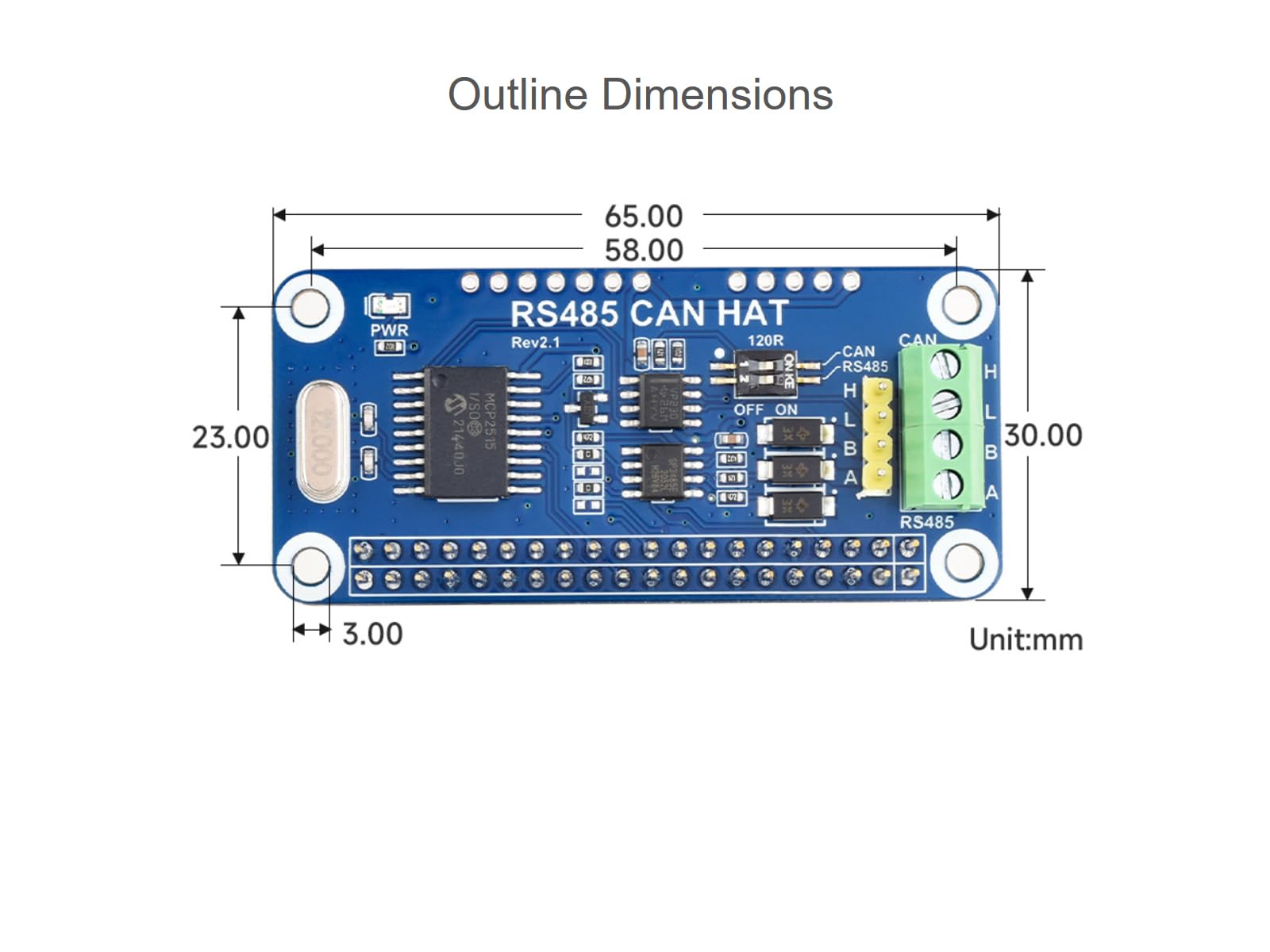 RS485 CAN HAT dla Raspberry Pi Zero W WH/4B/3B+/3B/2B/B+/A+, wbudowany kontroler CAN MCP2515 przez interfejs SPI, nadajnik-odbiornik SN65HVD230 i SP3485, umożliwia stabilną komunikację na duże