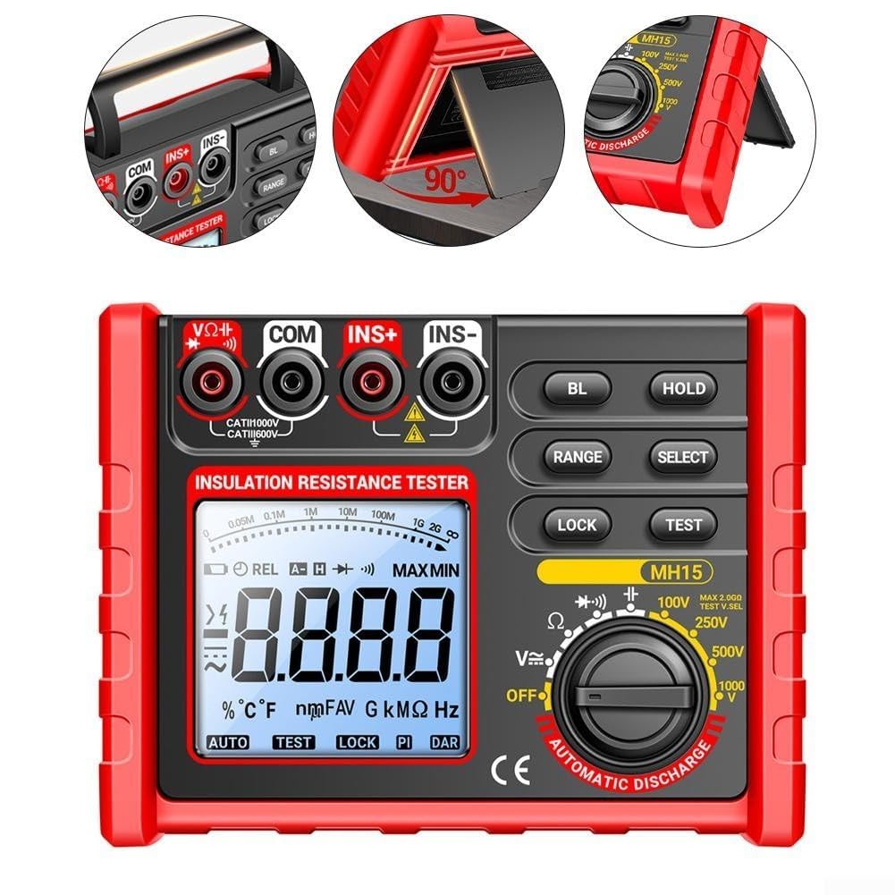 MH15 Digitaler Isolationswiderstandsmesser mit großem LCD-Display mit Hintergrundbeleuchtung, automatische Spannungsfreigabe, Testkabel, Motorschalter