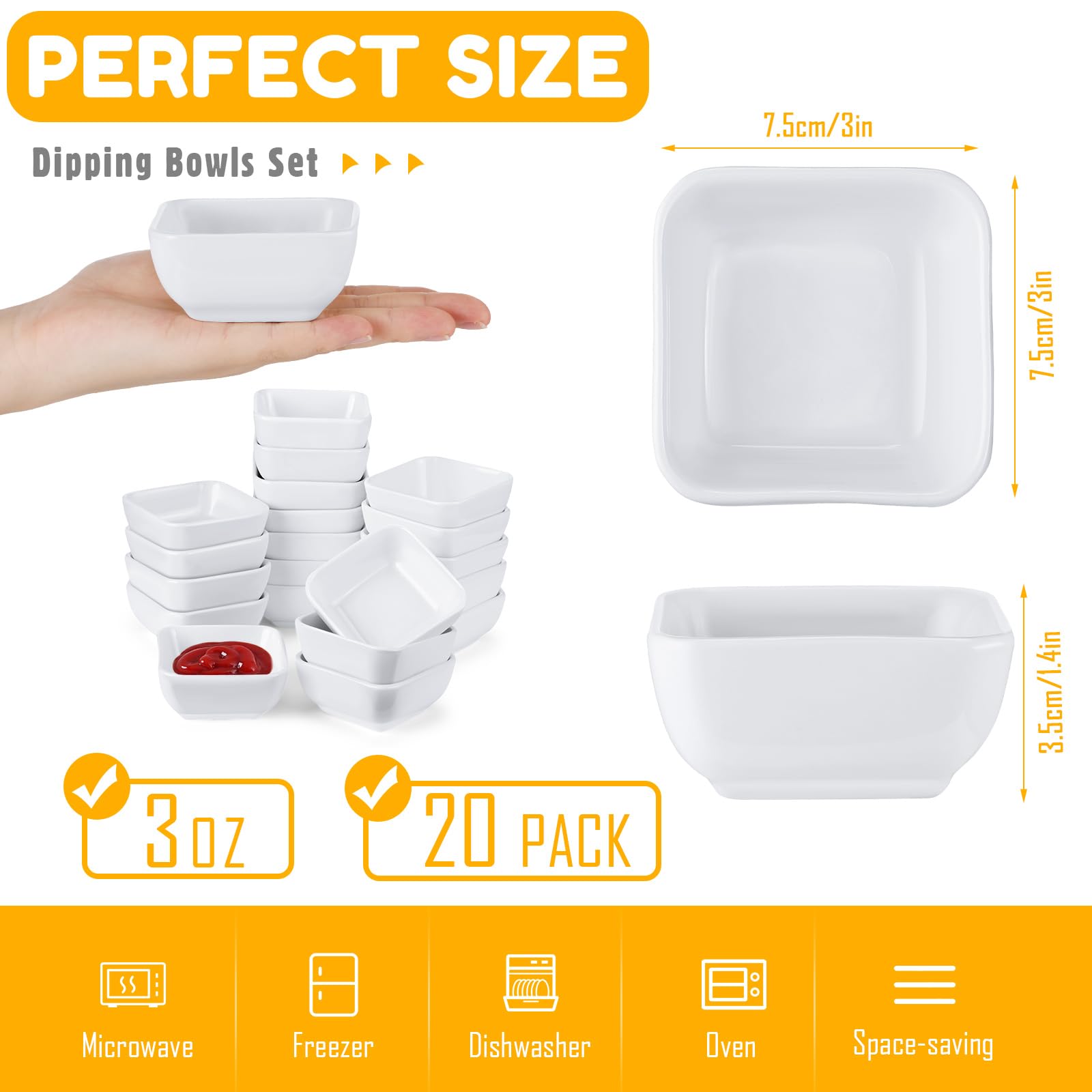 Tanlade Juego de 20 cuencos de cerámica de 85.0 g para salsa, cuencos blancos de porcelana, mini cuencos cuadrados para salsa de tomate de soja, barbacoa, ketchup, sushi y otros suministros de fiesta