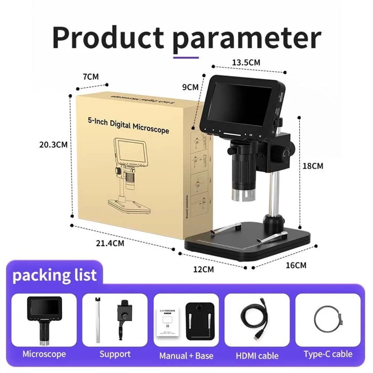Accessoires pour microscopes Microscopes vidéo numériques 5" IPS HD 1080FHD for Outils de réparation téléphone à souder, Support loupe réglable, Microscope PC HDMI 1000X