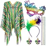7 Pcs Mardi Gras Outfit for Women Feathers Headband Party Headwear Beads Necklaces Shawl Scarf Dangle Earrings Masquerade Eye Mask Poncho Face Cover Decorations