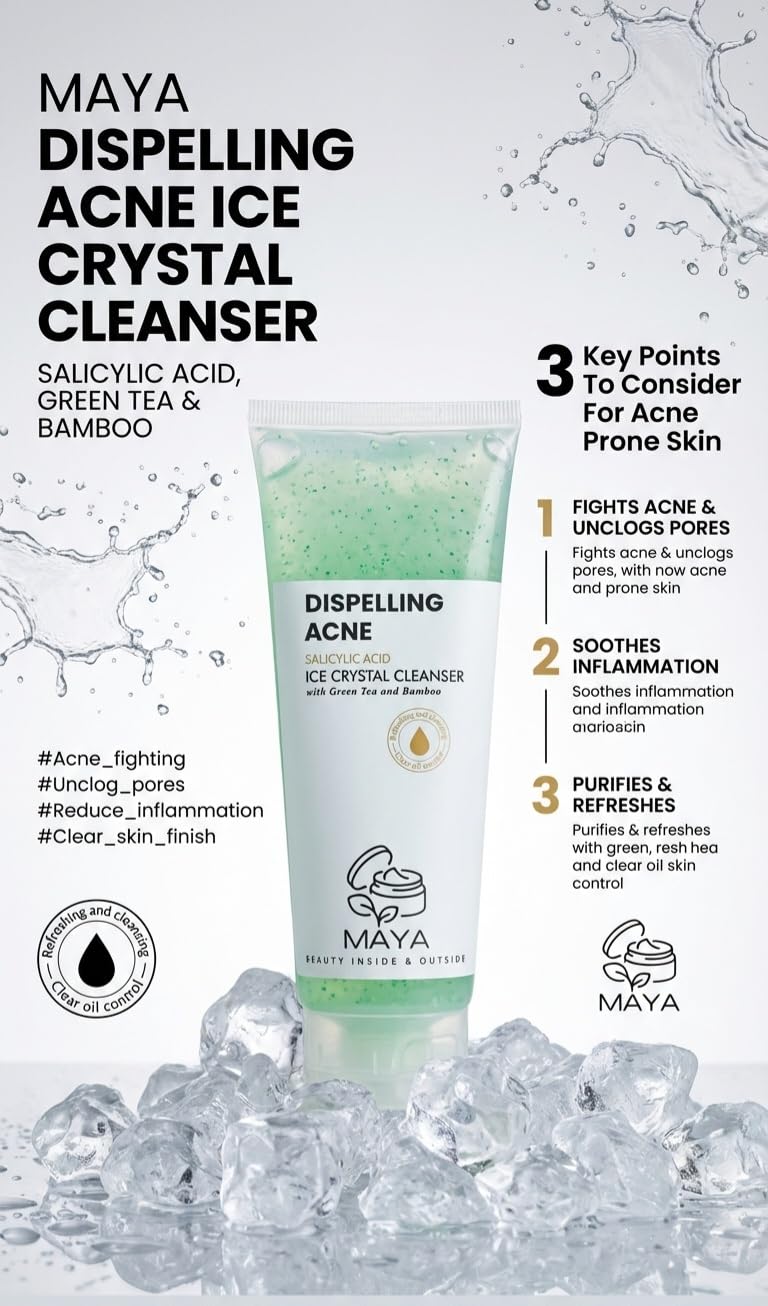 MAYA Ice Crystal Salicylic Acid Cleanser – 2% BHA Acne Face Wash with Green Tea and Bamboo, Exfoliating Ice Scrub, Removes Dead Skin & Clears Pores – 120 g