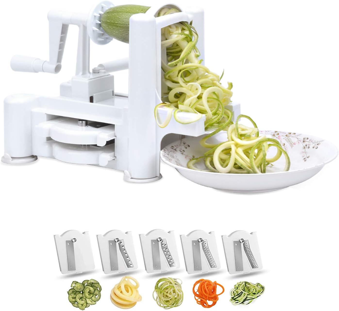 Flamen 5-Blade, Vegetable Spiralizer, Zoodle, Zucchini Spaghetti Maker, Fruits and Veggies Slicer for Low Carb/Paleo/Gluten-Free Meals, ABS, White, Small