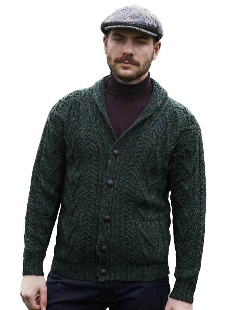 SAOL 100% wełna merino męski Aran Cable Knit szal kołnierz casual irlandzki kardigan z guzikami i kieszeniami