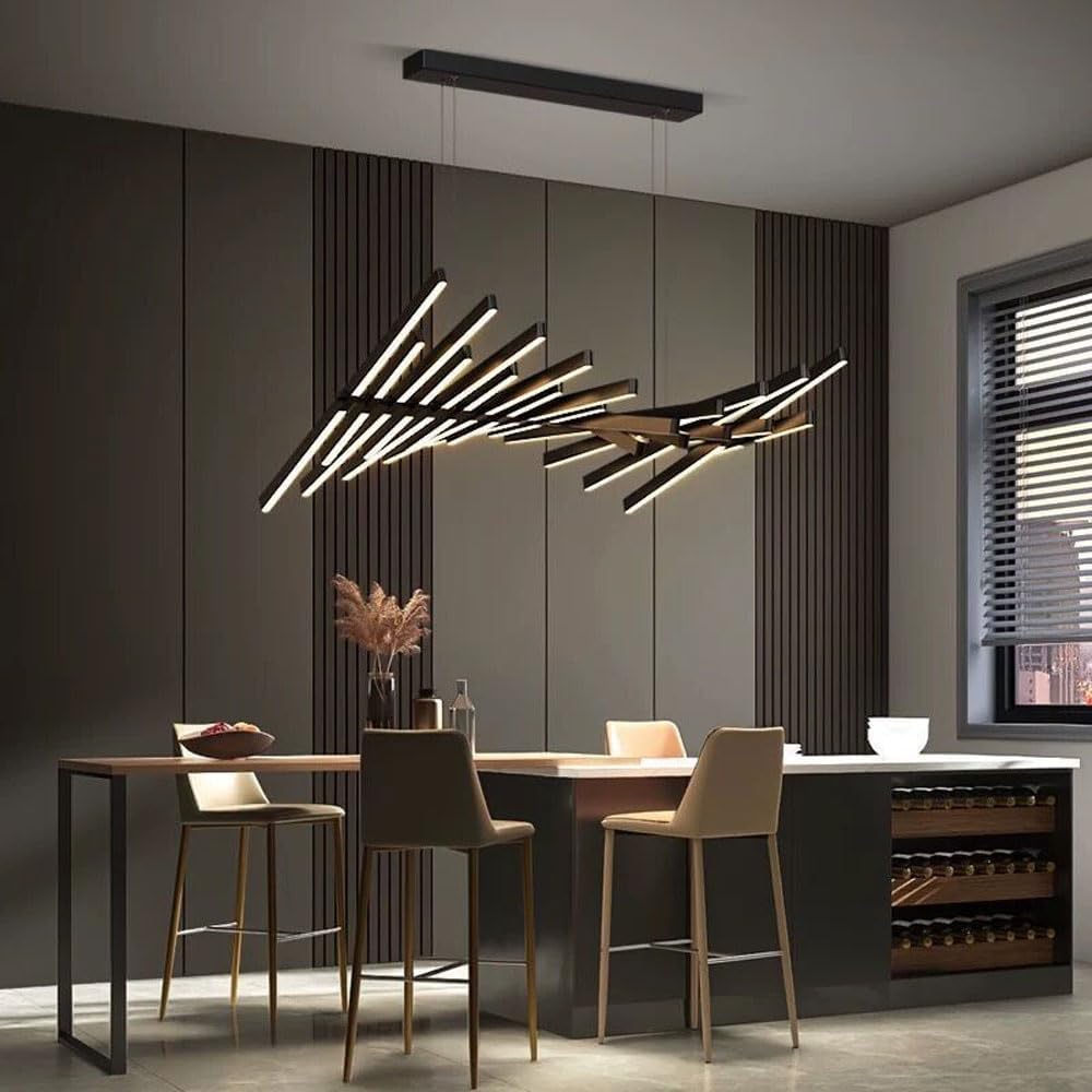 Modern Fishbone Island Pendant Light with Remote Control - Adjustable Brightness & Color Temperature - LED Black Metal Chandelier for Bedroom, Corridor, and Office