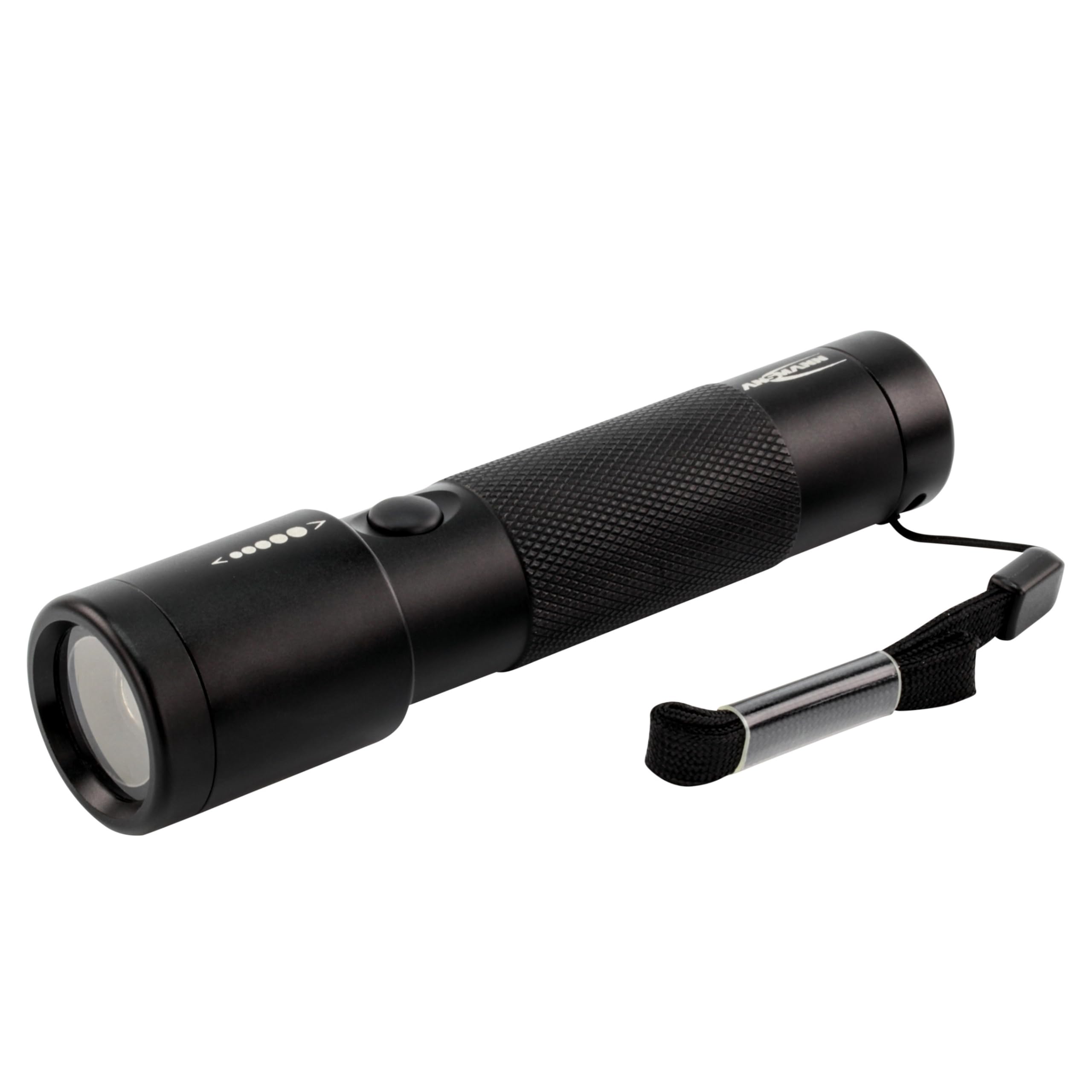 ANSMANN LED Torch, 200 Lumens Flashlight With Adjustable Focus & 2 Lighting Functions [Black] Splash, Shock & Dust Proof Light Includes 3 x AAA Batteries & Wrist Strap - 3 Year Warranty