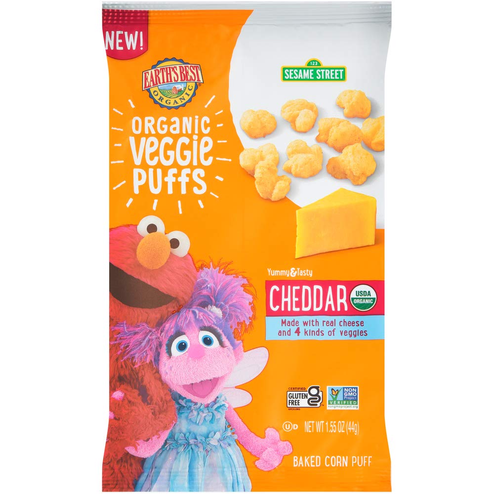 Earth's Best Organic Veggie Puffs for Toddlers 2 Years Old and Up, Cheddar Flavor, 1.55 Ounce Bag