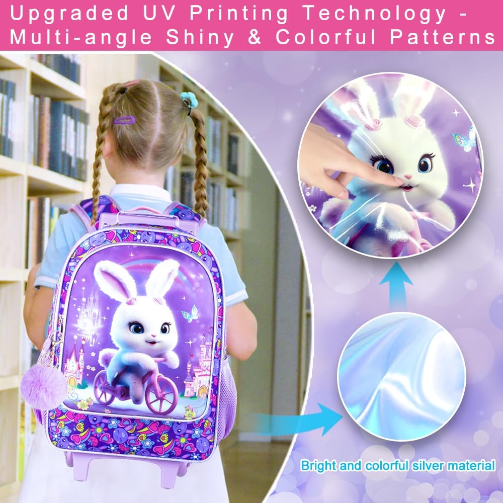 3PCS Rolling Backpack for Girls and Boys, Kids Roller Wheels Bookbag, Wheeled Elementary School Bag with Lunch Bag - Image 6