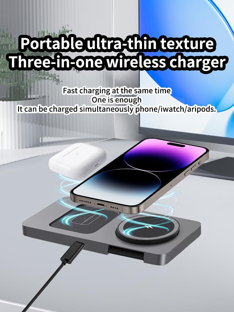 Estación de carga inalámbrica plegable 3 en 1 para iPhone, Apple Watch, AirPods, marco de aleación de aluminio, carga rápida de 15 W, soporte ajustable de 0 a 180° (gris)
