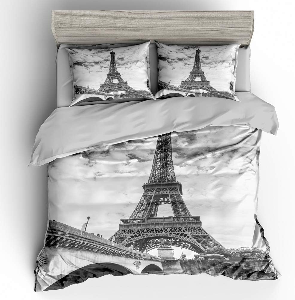 Twin Size Bedding Sets Paris Memory Eiffel Tower,3 Piece Duvet Cover Sets with Pillow Shams for Teens Boys Girls,NO Comforter